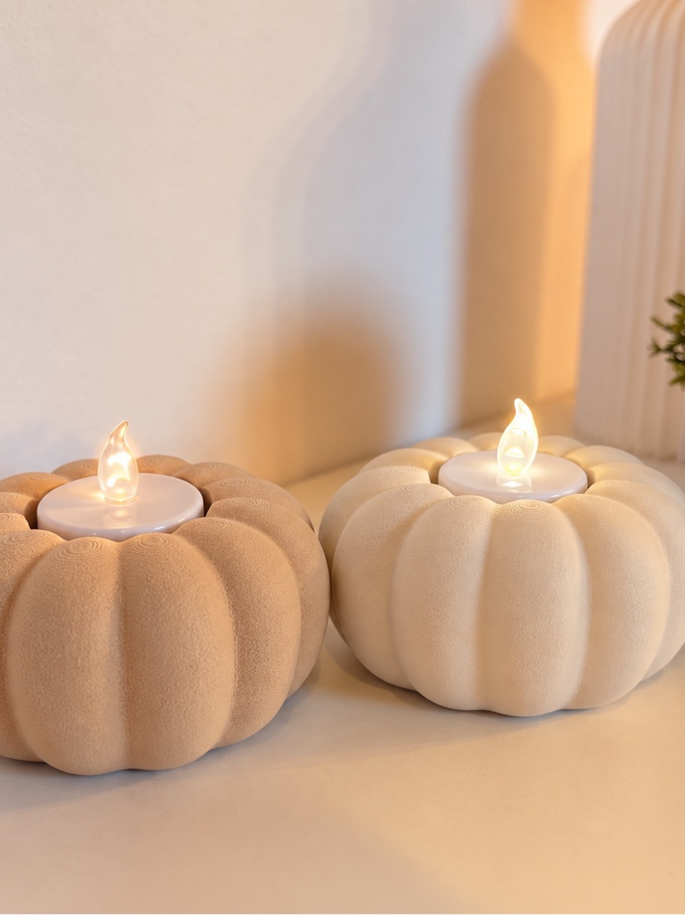 Velvet Pumpkin LED Votive Candle Holder - Cream & Tan